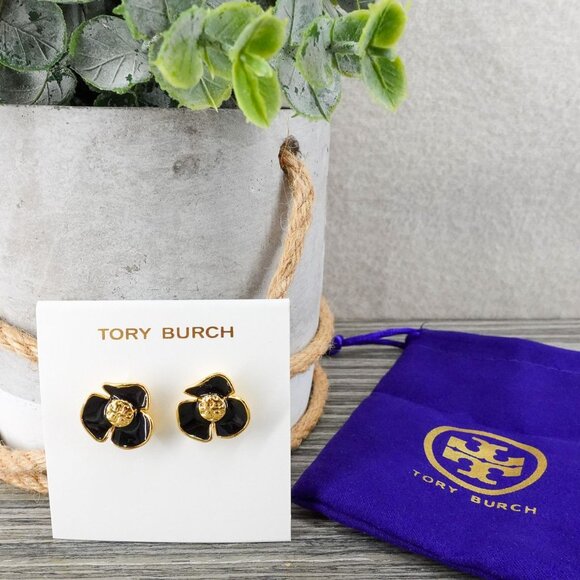 Tory Burch Fleur Flower Stud Earrings Black OS - Picture 6 of 12
